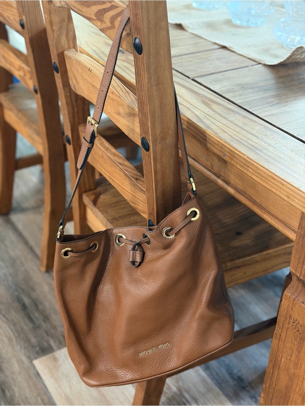 Michael Kors Camel Brown Leather Drawstring Tote with Gold Hardware